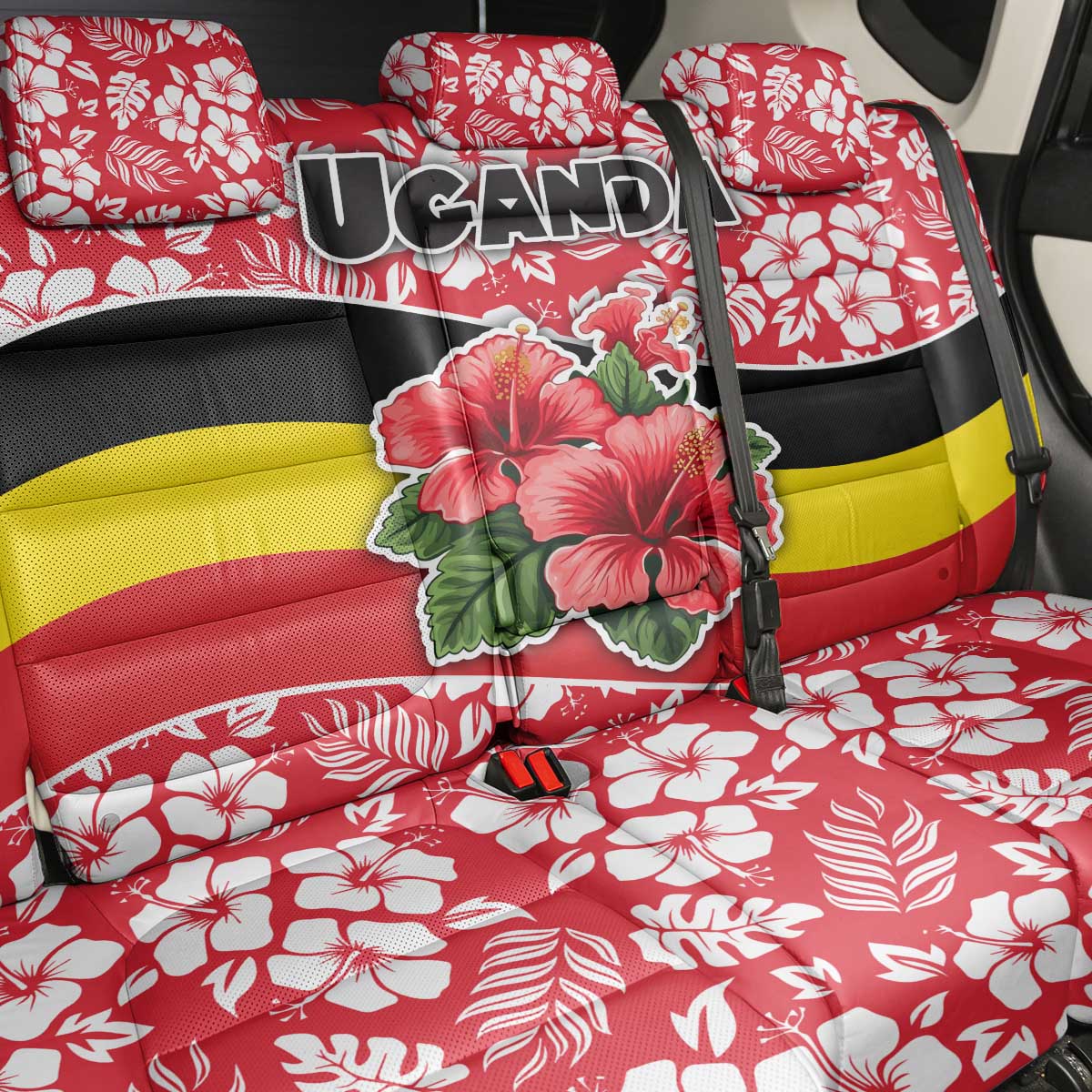 Uganda Back Car Seat Cover - Red Hibiscus Flowers and National Flag Design