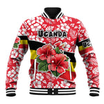 Uganda Baseball Jacket - Red Hibiscus Flowers and National Flag Design