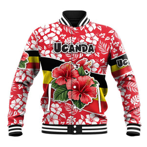 Uganda Baseball Jacket - Red Hibiscus Flowers and National Flag Design