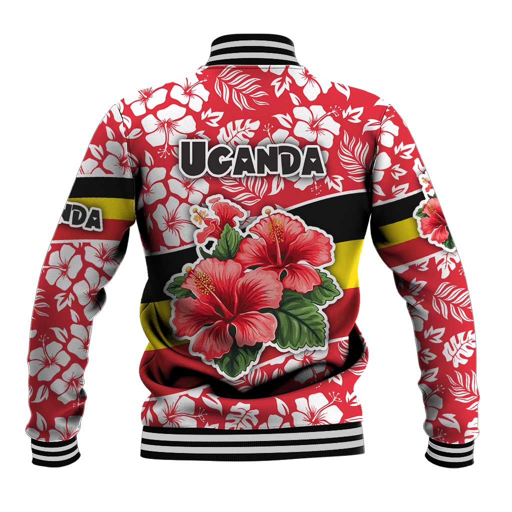 Uganda Baseball Jacket - Red Hibiscus Flowers and National Flag Design