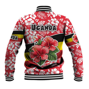 Uganda Baseball Jacket - Red Hibiscus Flowers and National Flag Design