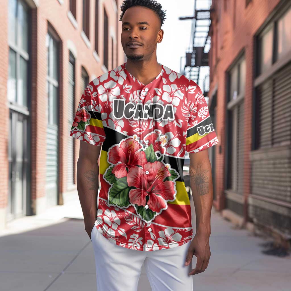 Uganda Baseball Jersey - Red Hibiscus Flowers and National Flag Design