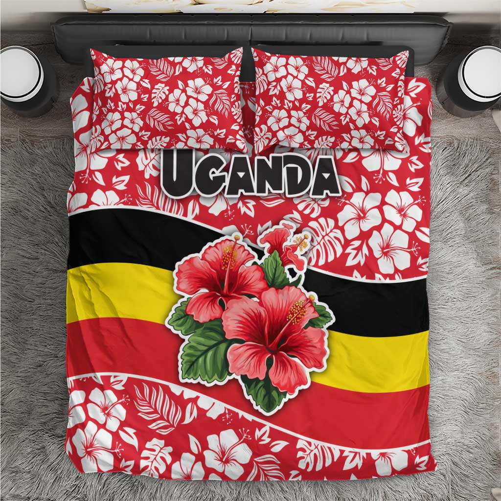 Uganda Bedding Set - Red Hibiscus Flowers and National Flag Design