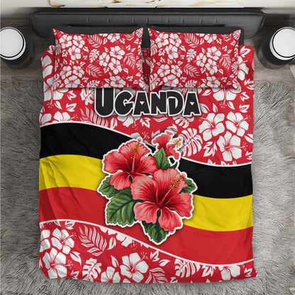 Uganda Bedding Set - Red Hibiscus Flowers and National Flag Design