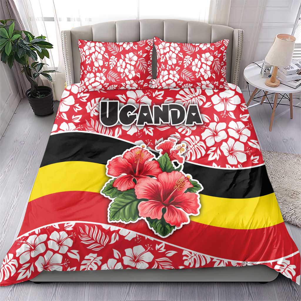Uganda Bedding Set - Red Hibiscus Flowers and National Flag Design