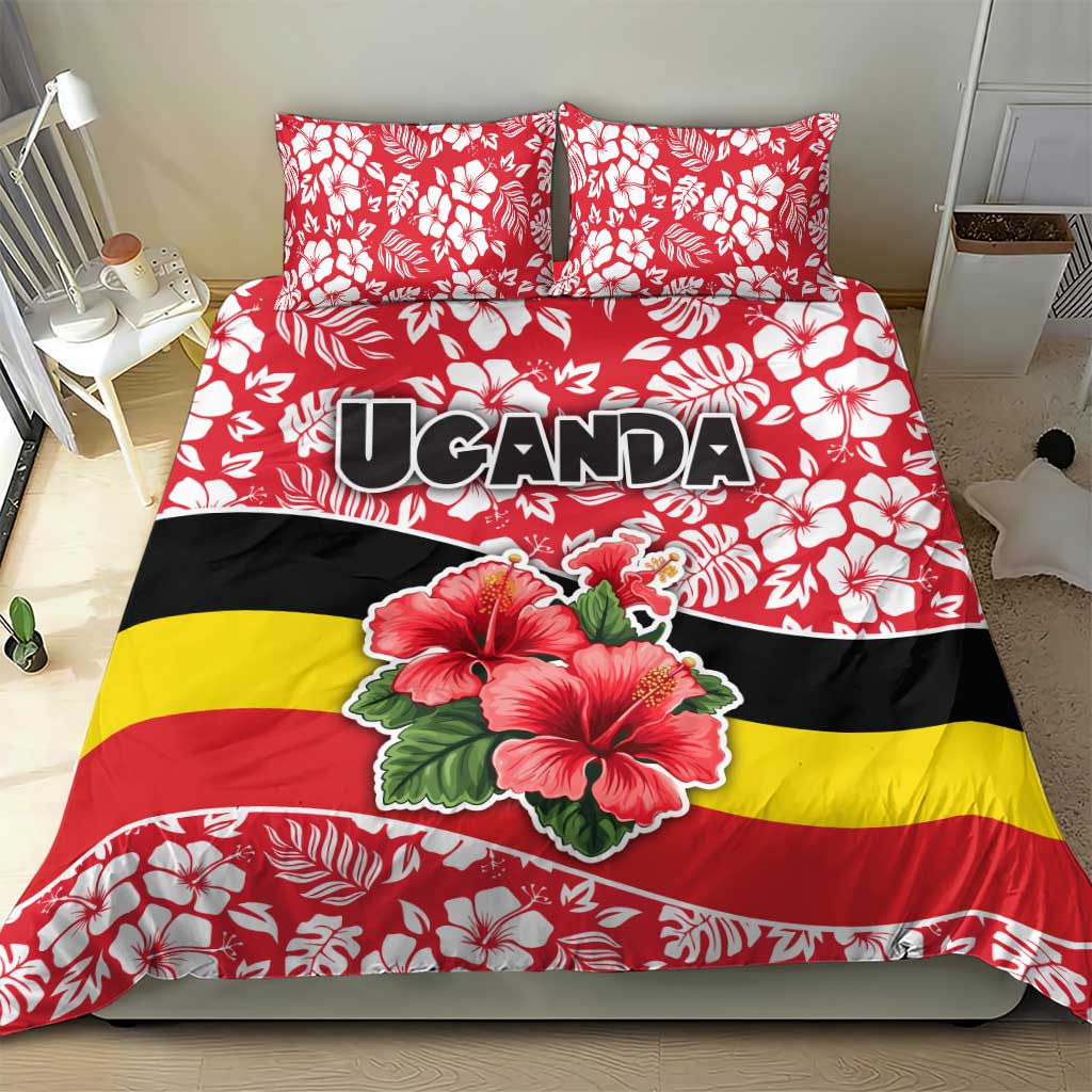 Uganda Bedding Set - Red Hibiscus Flowers and National Flag Design