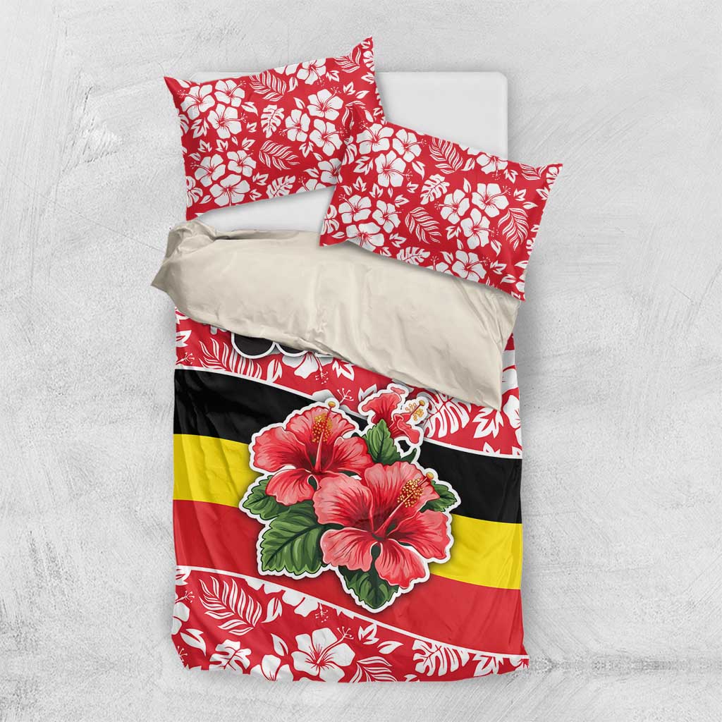 Uganda Bedding Set - Red Hibiscus Flowers and National Flag Design