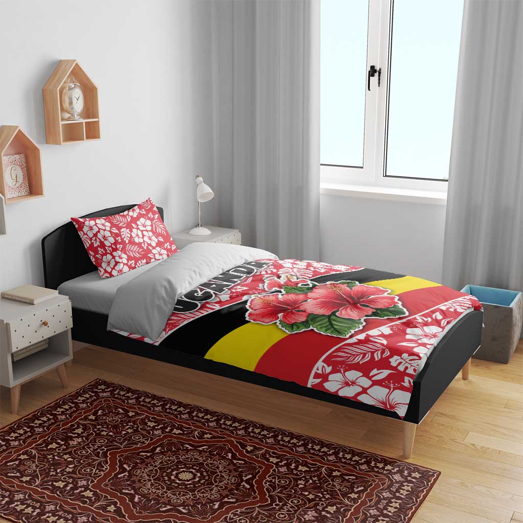 Uganda Bedding Set - Red Hibiscus Flowers and National Flag Design