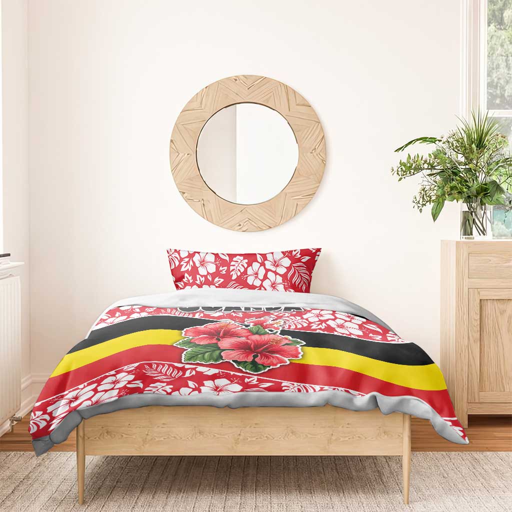 Uganda Bedding Set - Red Hibiscus Flowers and National Flag Design