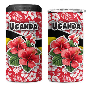 Uganda 4 in 1 Can Cooler Tumbler - Red Hibiscus Flowers and National Flag Design
