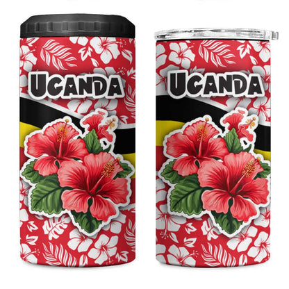 Uganda 4 in 1 Can Cooler Tumbler - Red Hibiscus Flowers and National Flag Design