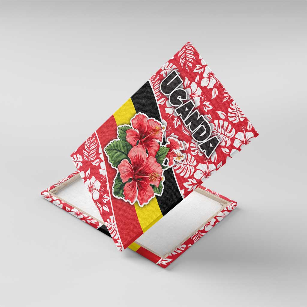 Uganda Canvas Wall Art - Red Hibiscus Flowers and National Flag Design