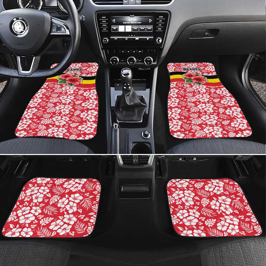 Uganda Car Mats - Red Hibiscus Flowers and National Flag Design