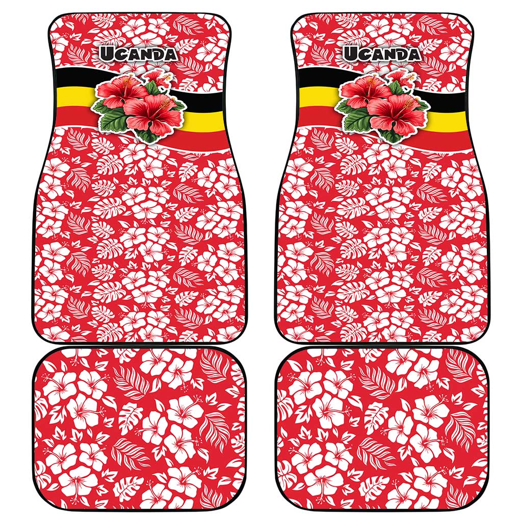 Uganda Car Mats - Red Hibiscus Flowers and National Flag Design