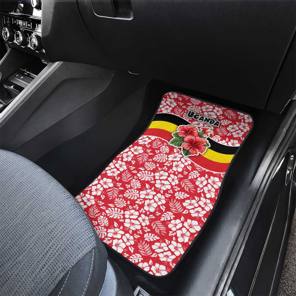 Uganda Car Mats - Red Hibiscus Flowers and National Flag Design