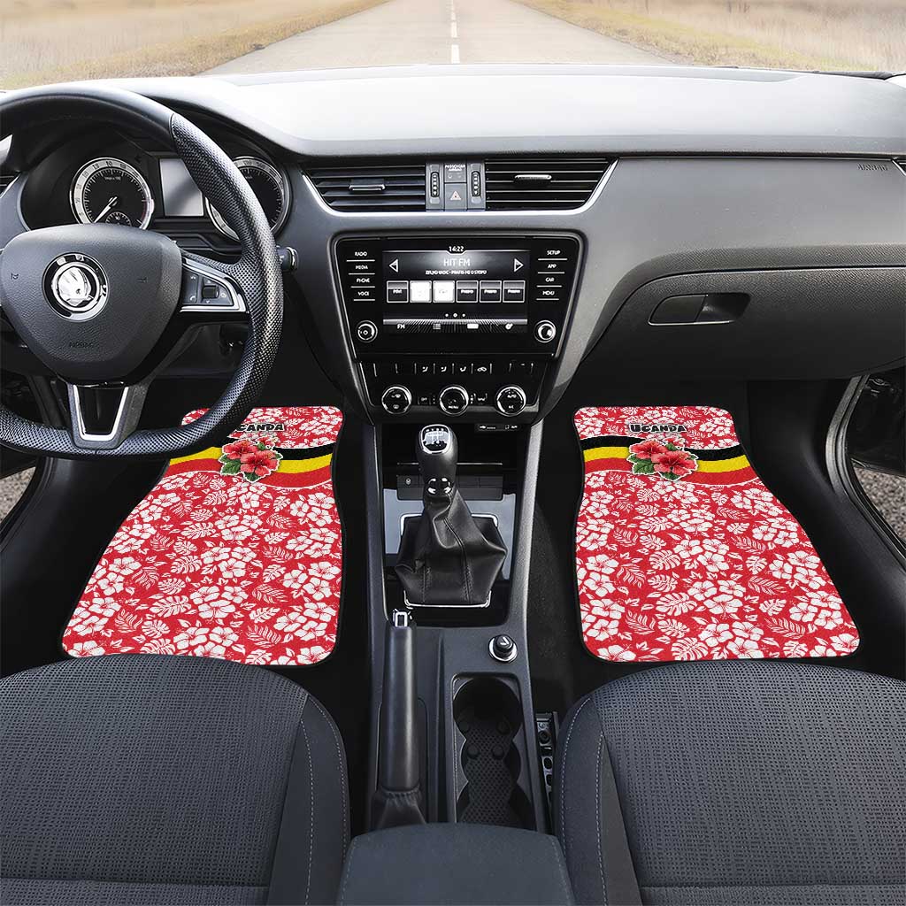 Uganda Car Mats - Red Hibiscus Flowers and National Flag Design