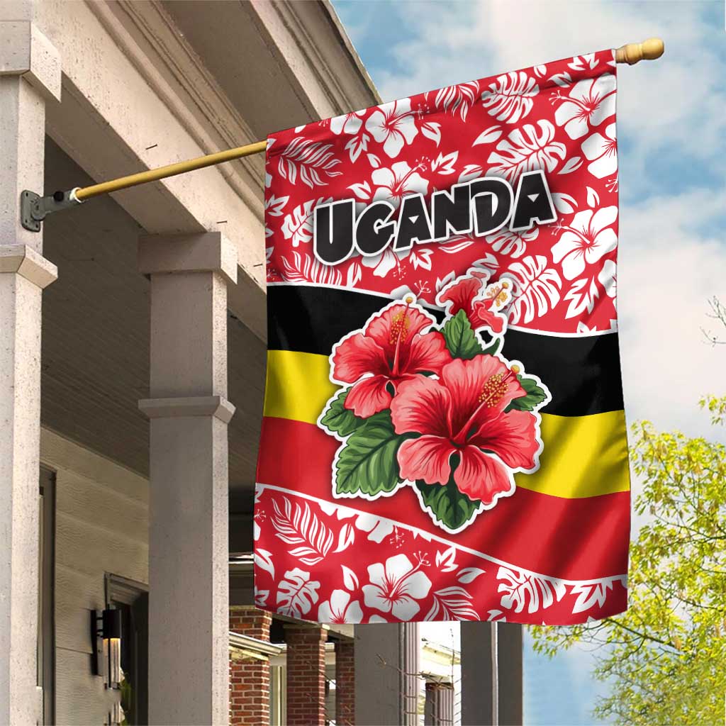 Uganda Garden Flag - Red Hibiscus Flowers and National Flag Design