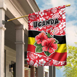 Uganda Garden Flag - Red Hibiscus Flowers and National Flag Design