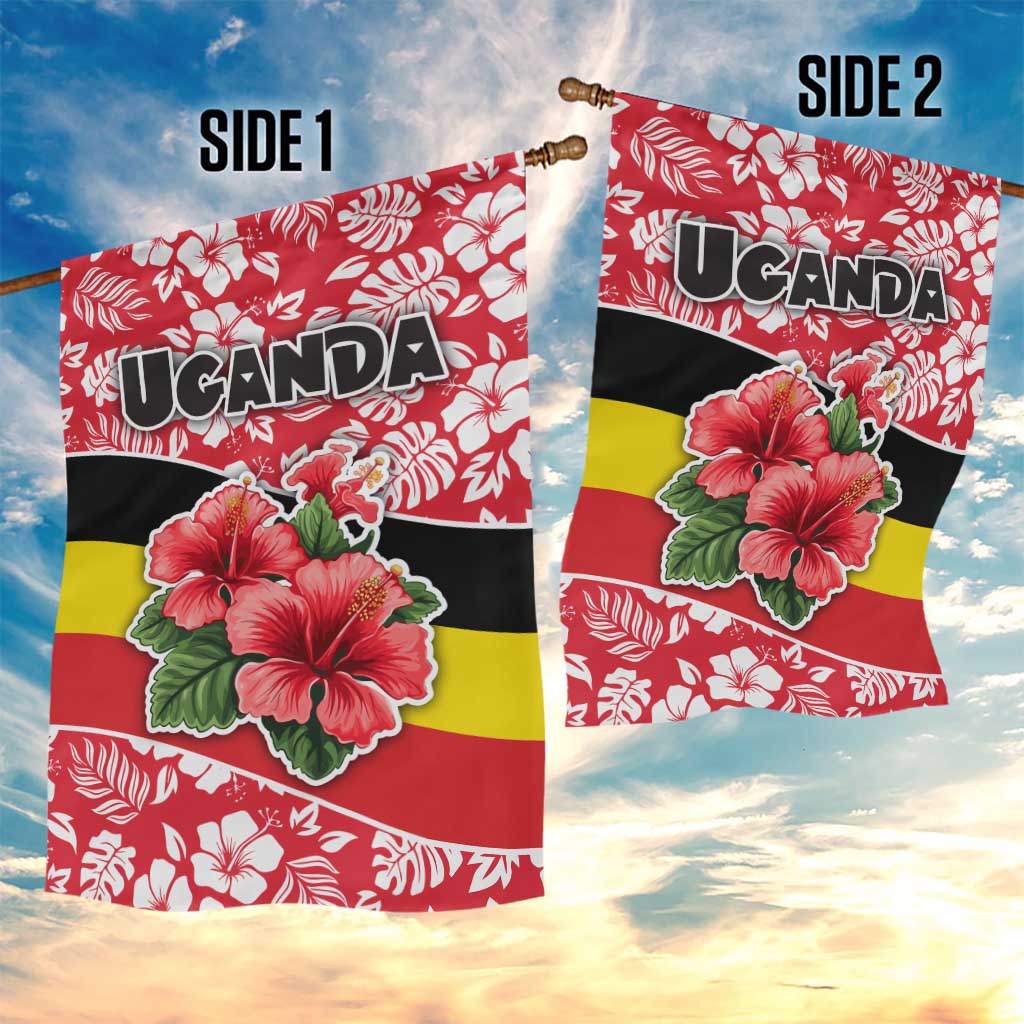 Uganda Garden Flag - Red Hibiscus Flowers and National Flag Design