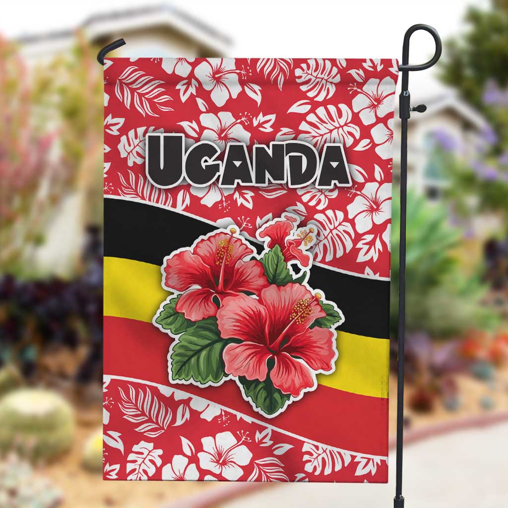 Uganda Garden Flag - Red Hibiscus Flowers and National Flag Design