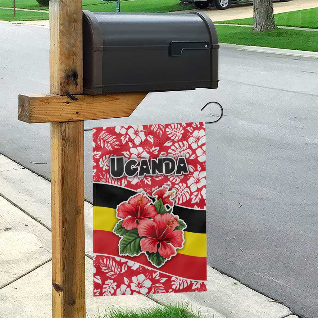 Uganda Garden Flag - Red Hibiscus Flowers and National Flag Design