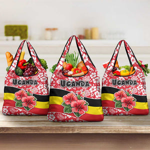 Uganda Grocery Bag - Red Hibiscus Flowers and National Flag Design