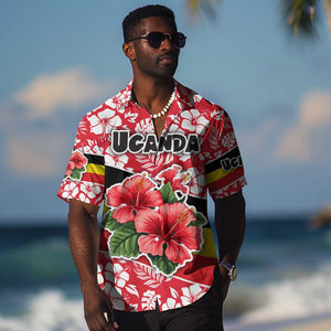 Uganda Hawaiian Shirt - Red Hibiscus Flowers and National Flag Design
