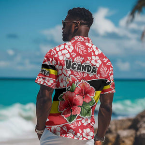 Uganda Hawaiian Shirt - Red Hibiscus Flowers and National Flag Design