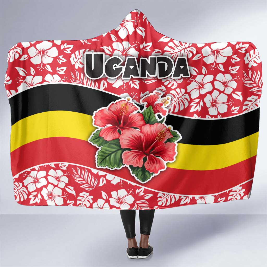 Uganda Hooded Blanket - Red Hibiscus Flowers and National Flag Design