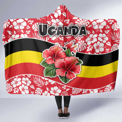 Uganda Hooded Blanket - Red Hibiscus Flowers and National Flag Design