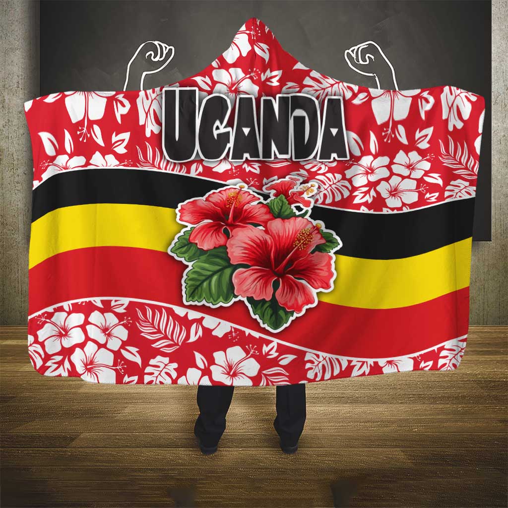 Uganda Hooded Blanket - Red Hibiscus Flowers and National Flag Design