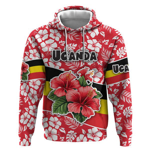 Uganda Hoodie - Red Hibiscus Flowers and National Flag Design