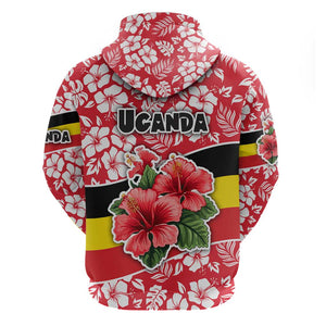 Uganda Hoodie - Red Hibiscus Flowers and National Flag Design