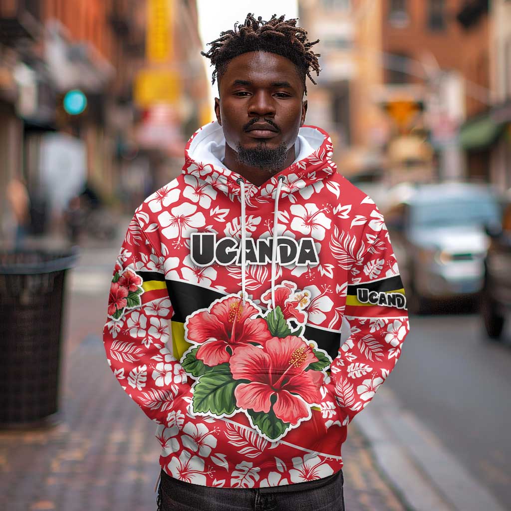 Uganda Hoodie - Red Hibiscus Flowers and National Flag Design