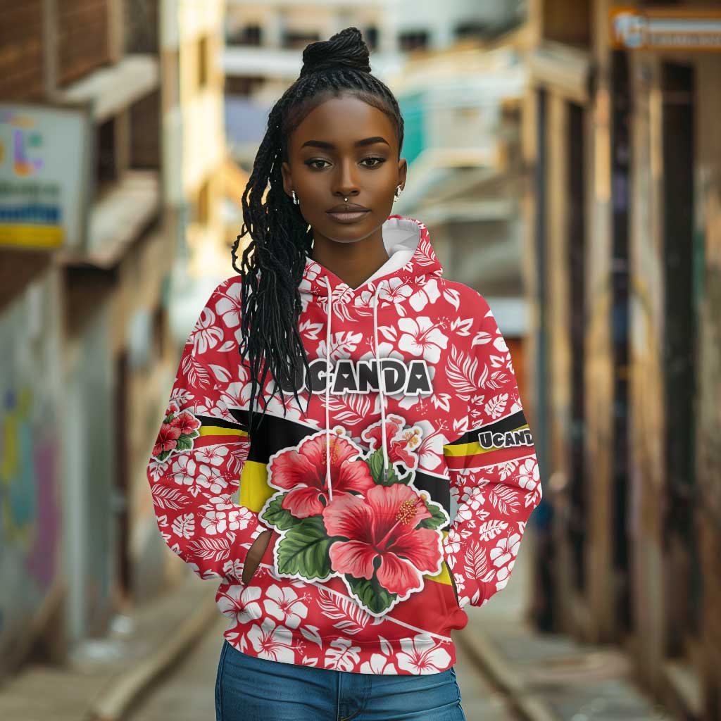 Uganda Hoodie - Red Hibiscus Flowers and National Flag Design