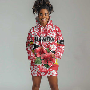 Uganda Hoodie Dress - Red Hibiscus Flowers and National Flag Design