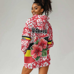 Uganda Hoodie Dress - Red Hibiscus Flowers and National Flag Design