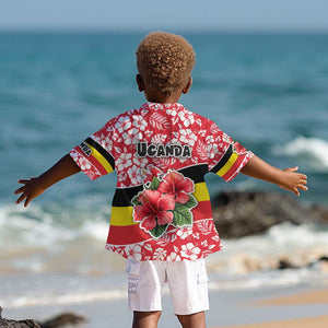 Uganda Kid Hawaiian Shirt - Red Hibiscus Flowers and National Flag Design