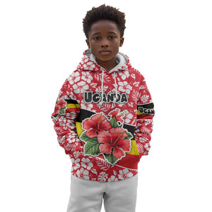 Uganda Kid Hoodie - Red Hibiscus Flowers and National Flag Design