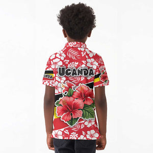 Uganda Kid Polo Shirt - Red Hibiscus Flowers and National Flag Design