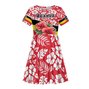 Uganda Kid Short Sleeve Dress - Red Hibiscus Flowers and National Flag Design