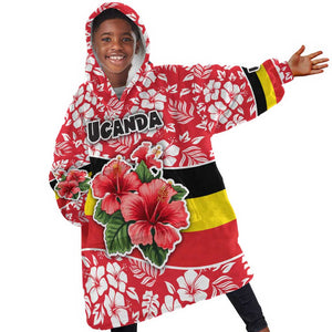 Uganda Kid Wearable Blanket Hoodie - Red Hibiscus Flowers and National Flag Design