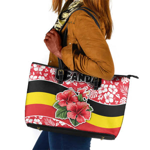 Uganda Leather Tote Bag - Red Hibiscus Flowers and National Flag Design