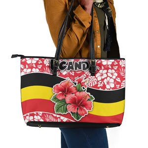 Uganda Leather Tote Bag - Red Hibiscus Flowers and National Flag Design