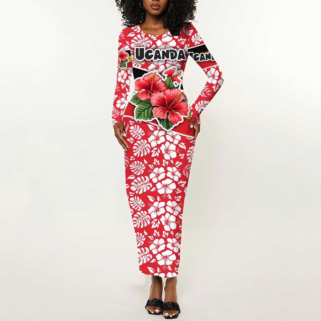 Uganda Long Sleeve Bodycon Dress - Red Hibiscus Flowers and National Flag Design TS04