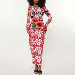 Uganda Long Sleeve Bodycon Dress - Red Hibiscus Flowers and National Flag Design TS04