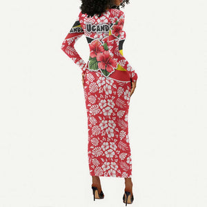 Uganda Long Sleeve Bodycon Dress - Red Hibiscus Flowers and National Flag Design TS04