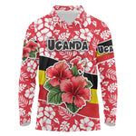 Uganda Long Sleeve Polo Shirt - Red Hibiscus Flowers and National Flag Design
