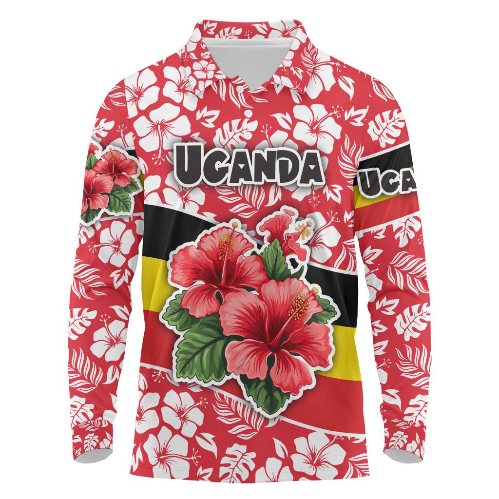 Uganda Long Sleeve Polo Shirt - Red Hibiscus Flowers and National Flag Design