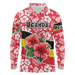 Uganda Long Sleeve Polo Shirt - Red Hibiscus Flowers and National Flag Design